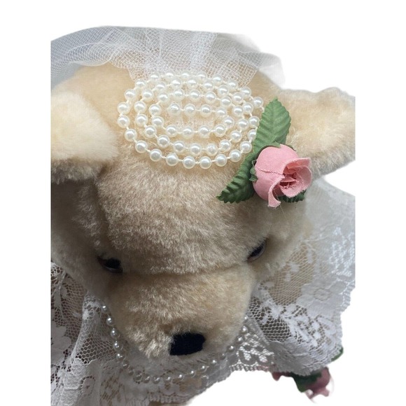 Plush Bride Teddy Bear 12" Wedding Outfit Jewelry Bouquet Posable Arms Legs VTG - Picture 6 of 9